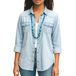 Dizzy Gal Blue Distressed Cotton Button Down Shirt Women's Sz M Lightweight Cool